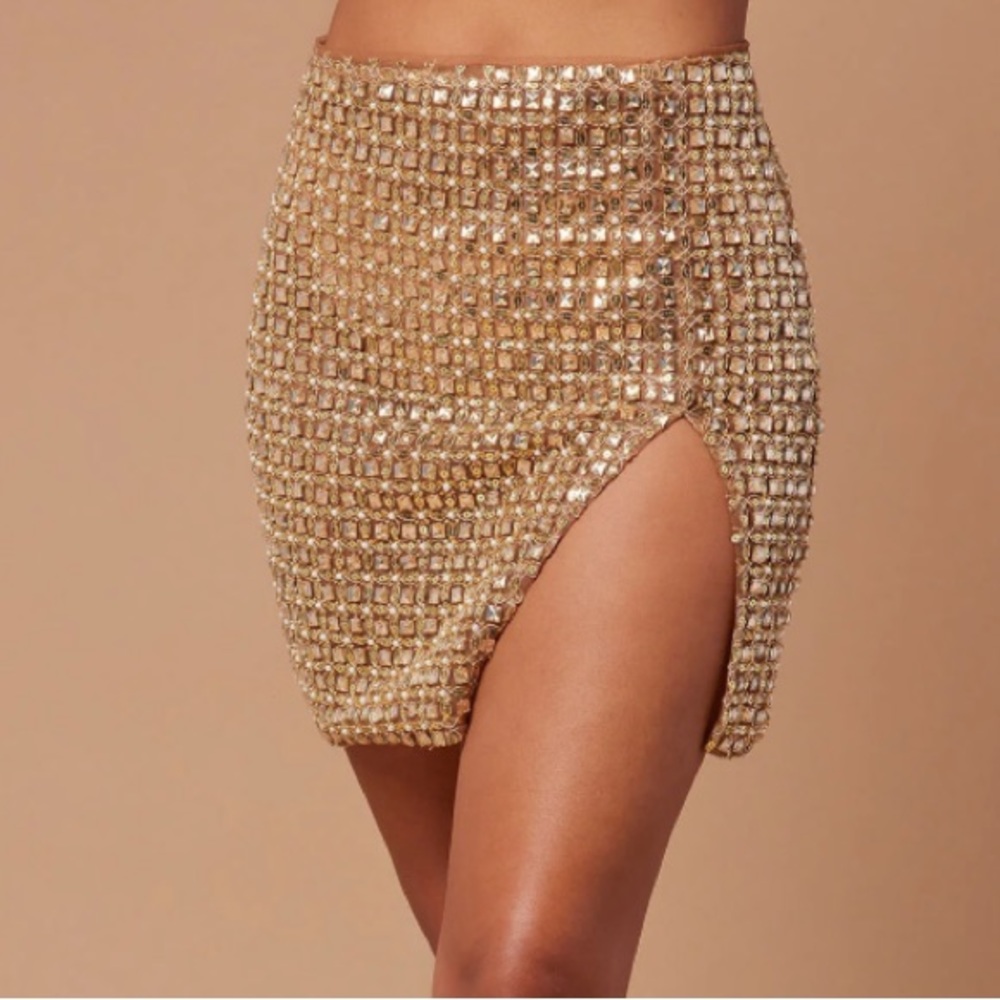 fashion nova kourt embellished mini skirt gold